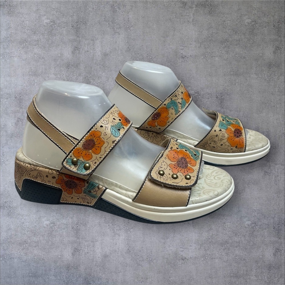 L'Artiste Caitlina Leather Sandals Womens 41 US 9.5-10 Handpainted Floral Design